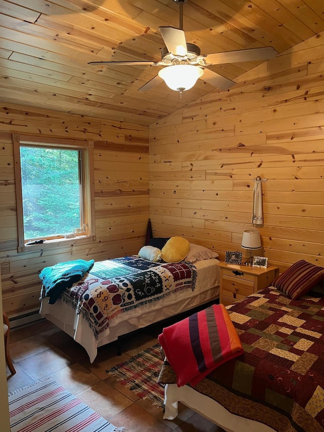 1760 Grindstone Is, International Falls, MN 56649 - bedroom with wood ceiling, wooden walls, lofted ceiling, and ceiling fan