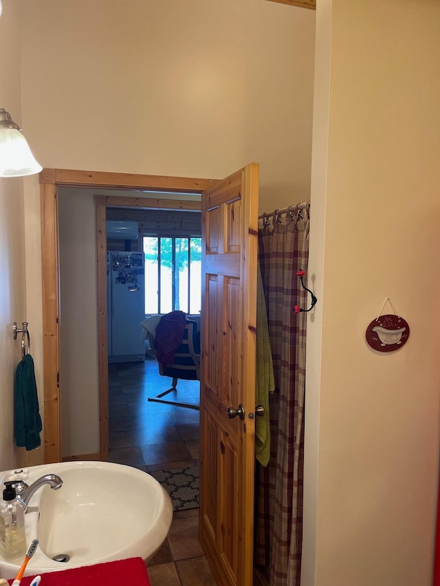 1760 Grindstone Is, International Falls, MN 56649 - bathroom featuring a sink and a shower with shower curtain