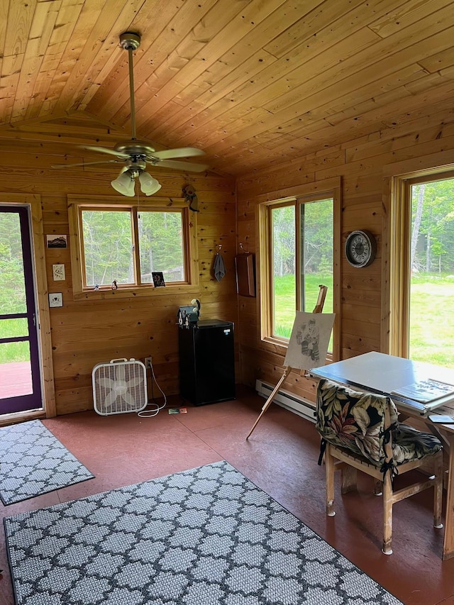 1760 Grindstone Is, International Falls, MN 56649 - dining room with vaulted ceiling, wooden walls, a ceiling fan, healthy amount of natural light, and a baseboard radiator