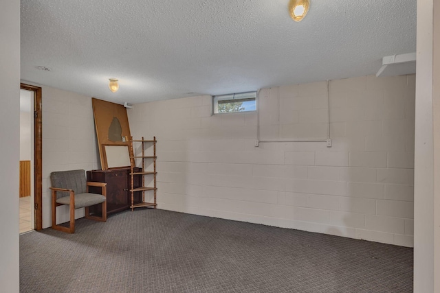 3566 State Highway 210, Baxter, MN 56425 - basement with dark carpet, a textured ceiling, and concrete block wall