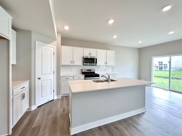 222 Snowdrop Trl, Waconia, MN 55387 - kitchen with appliances with stainless steel finishes, wood finished floors, light countertops, tasteful backsplash, and white cabinetry