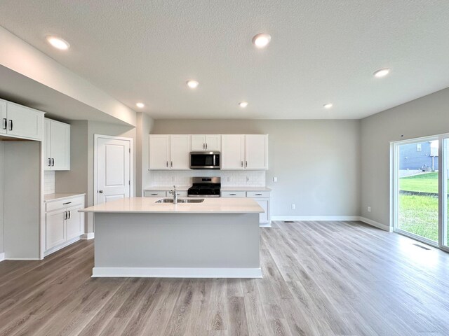 222 Snowdrop Trl, Waconia, MN 55387 - kitchen featuring appliances with stainless steel finishes, light countertops, decorative backsplash, light wood finished floors, and white cabinets