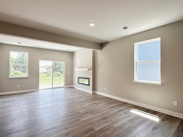 151 Snowdrop Trl, Waconia, MN 55387 - unfurnished living room featuring wood finished floors, a glass covered fireplace, and a textured ceiling