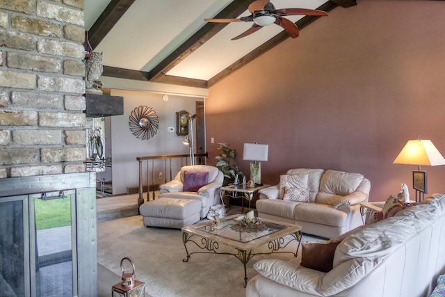 5225 217th St N, Forest Lake, MN 55025 - living room with high vaulted ceiling, beam ceiling, and ceiling fan