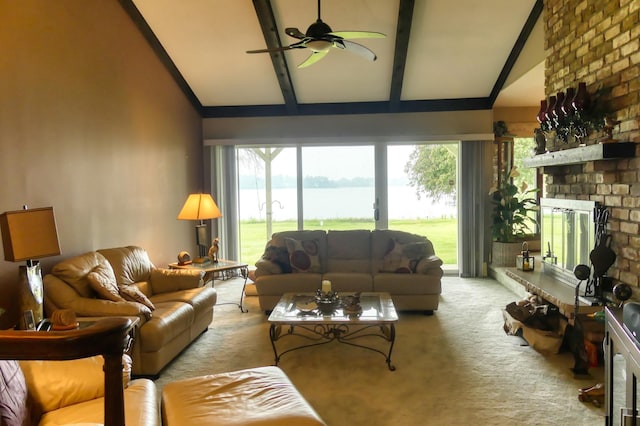 5225 217th St N, Forest Lake, MN 55025 - living area featuring carpet, beamed ceiling, a ceiling fan, a water view, and plenty of natural light