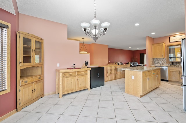26722 Rabbit Trl, Stanford Twp, MN 55398 - kitchen featuring appliances with stainless steel finishes, a chandelier, a kitchen island, recessed lighting, and light brown cabinetry