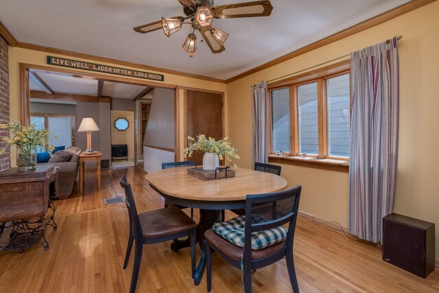 242 Skyview Ln, Mankato, MN 56001 - dining space with ceiling fan, light wood finished floors, and crown molding