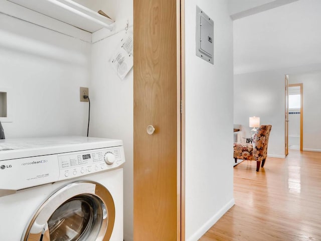 656 Ashland Ave Unit 11, Saint Paul, MN 55104 - washroom featuring washer / clothes dryer, light wood-type flooring, and electric panel