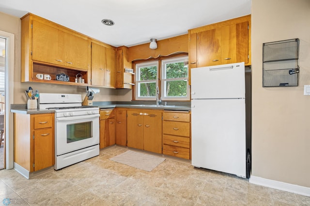 1514 2nd St N, Fargo, ND 58102 - kitchen featuring white appliances, open shelves, a sink, and brown cabinetry