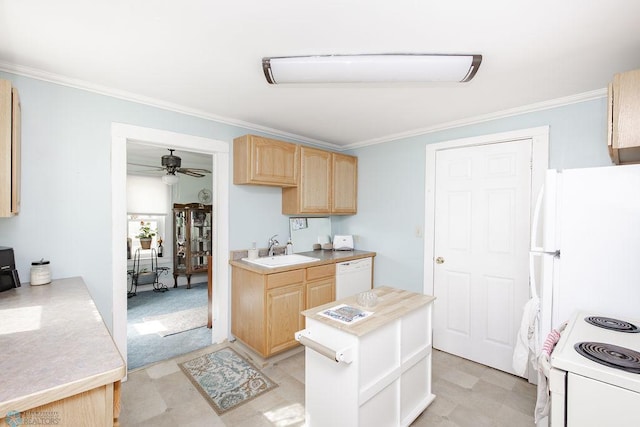 425 12th Ave S, Fargo, ND 58103 - kitchen featuring light brown cabinetry, a sink, white appliances, crown molding, and light countertops