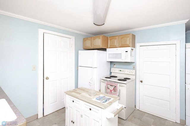 425 12th Ave S, Fargo, ND 58103 - kitchen with white appliances, ornamental molding, light countertops, light flooring, and light brown cabinetry