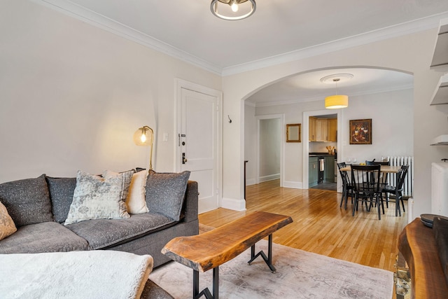 3409 Emerson Ave S Unit 4, Minneapolis, MN 55408 - living area featuring arched walkways, crown molding, light wood finished floors, radiator, and baseboards