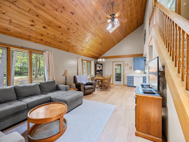 3709 Half Moon Cir, Jackson Twp, WI 54830 - living area with light wood-style floors, a ceiling fan, a chandelier, wood ceiling, and high vaulted ceiling