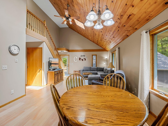 3709 Half Moon Cir, Jackson Twp, WI 54830 - dining room with a ceiling fan, wooden ceiling, light wood-type flooring, high vaulted ceiling, and a chandelier