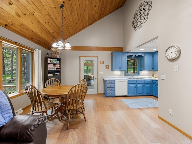3709 Half Moon Cir, Jackson Twp, WI 54830 - dining room featuring light wood-type flooring, healthy amount of natural light, a chandelier, wooden ceiling, and high vaulted ceiling