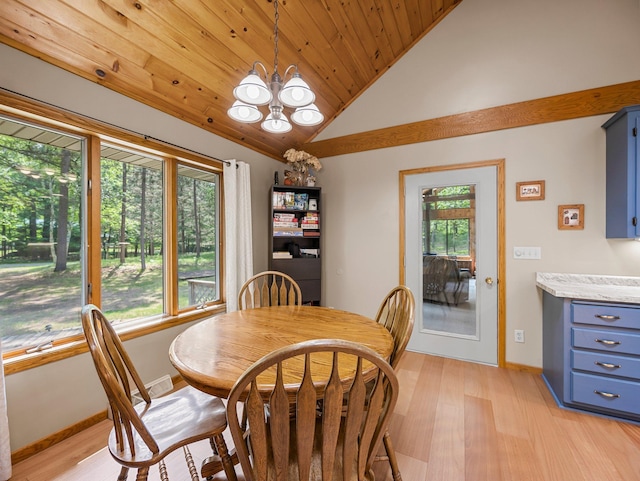 3709 Half Moon Cir, Jackson Twp, WI 54830 - dining room with light wood-style floors, a chandelier, vaulted ceiling, and wood ceiling