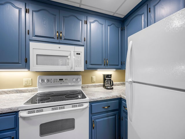 3709 Half Moon Cir, Jackson Twp, WI 54830 - kitchen with white appliances, blue cabinetry, and light countertops