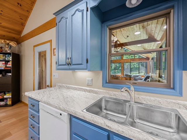 3709 Half Moon Cir, Jackson Twp, WI 54830 - kitchen with white dishwasher, blue cabinets, wood ceiling, vaulted ceiling, and light wood-style flooring