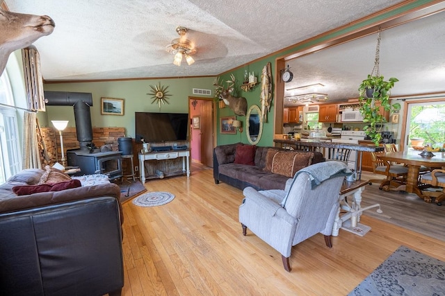 N1024 385th St, Maiden Rock, WI 54750 - living room with a textured ceiling, a wood stove, light wood-style floors, ornamental molding, and a ceiling fan