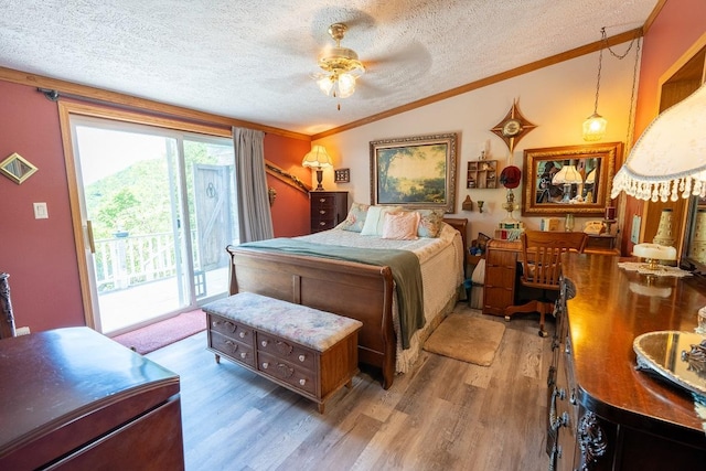 N1024 385th St, Maiden Rock, WI 54750 - bedroom featuring access to exterior, crown molding, wood finished floors, a textured ceiling, and vaulted ceiling