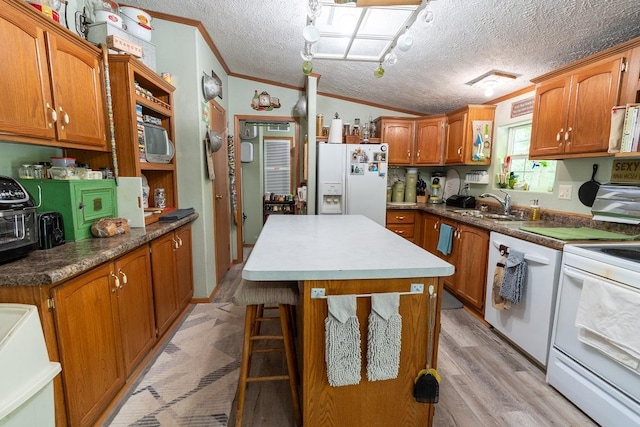 N1024 385th St, Maiden Rock, WI 54750 - kitchen featuring white appliances, crown molding, a sink, brown cabinetry, and light wood finished floors