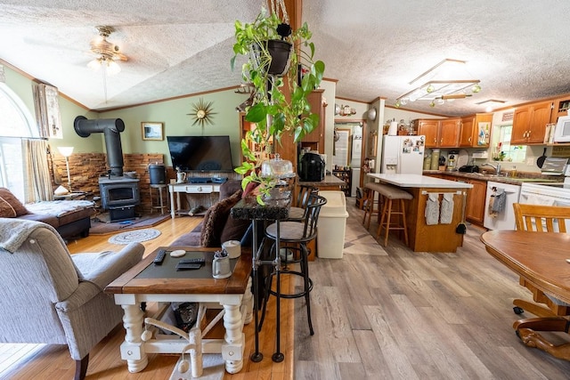 N1024 385th St, Maiden Rock, WI 54750 - living room featuring crown molding, lofted ceiling, a wood stove, a textured ceiling, and light wood-style flooring