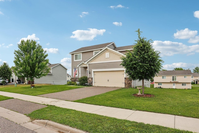 1104 Foede Cir, Montrose, MN 55363 - view of front of home with stone siding, asphalt driveway, and a front lawn