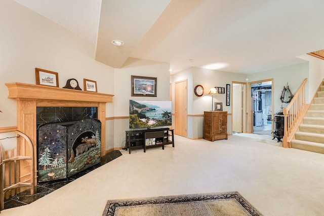5 Anemone Cir, North Oaks, MN 55127 - carpeted living room featuring stairs, recessed lighting, a fireplace, and baseboards