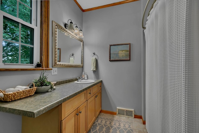 17 Riverside Ave S, Sartell, MN 56377 - bathroom with vanity, tile patterned flooring, crown molding, baseboards, and curtained shower