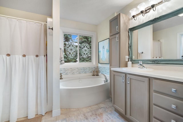 2146 84th Ave, Osceola, WI 54020 - bathroom with vanity, a garden tub, tile patterned floors, and a shower with shower curtain