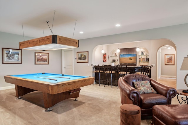 749 Fairway Dr, Medina, MN 55340 - game room featuring arched walkways, light colored carpet, billiards table, recessed lighting, and baseboards