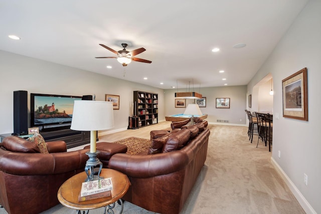 749 Fairway Dr, Medina, MN 55340 - living area with recessed lighting, light colored carpet, a ceiling fan, and baseboards