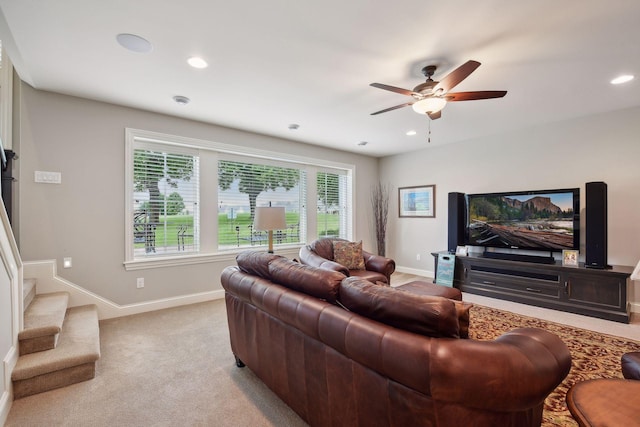 749 Fairway Dr, Medina, MN 55340 - living room with ceiling fan, baseboards, recessed lighting, stairway, and carpet flooring