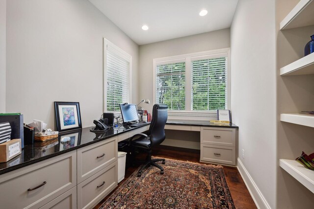 749 Fairway Dr, Medina, MN 55340 - office space with dark wood finished floors, baseboards, recessed lighting, and built in desk