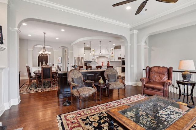 749 Fairway Dr, Medina, MN 55340 - living room with arched walkways, dark wood-type flooring, a ceiling fan, baseboards, and recessed lighting