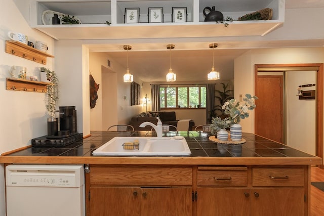 1269 Cleveland Ave N Unit 2B, Saint Paul, MN 55108 - kitchen featuring dishwasher, a sink, open floor plan, decorative light fixtures, and brown cabinets