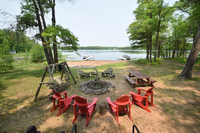 27625 Clear Sky Rd, Jackson Twp, WI 54893 - view of yard featuring a fire pit, a water view, and a boat dock