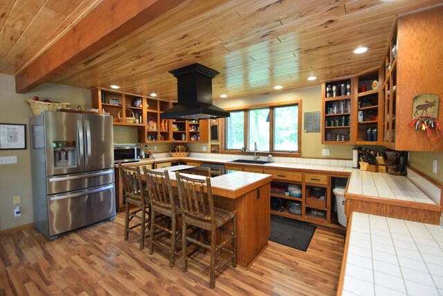 27625 Clear Sky Rd, Jackson Twp, WI 54893 - kitchen featuring stainless steel appliances, open shelves, tile counters, a sink, and wood ceiling