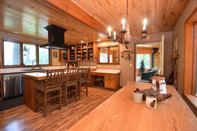 27625 Clear Sky Rd, Jackson Twp, WI 54893 - dining room featuring wood ceiling, light wood finished floors, healthy amount of natural light, a chandelier, and a desk