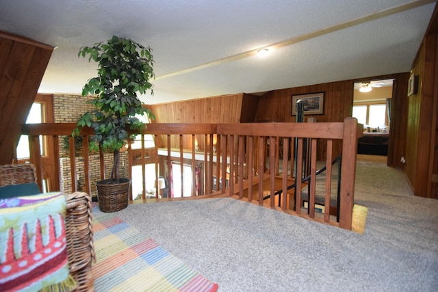 27625 Clear Sky Rd, Jackson Twp, WI 54893 - hall with an upstairs landing, carpet flooring, wood walls, and a textured ceiling