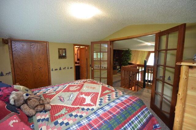 27625 Clear Sky Rd, Jackson Twp, WI 54893 - bedroom featuring lofted ceiling, french doors, and a textured ceiling