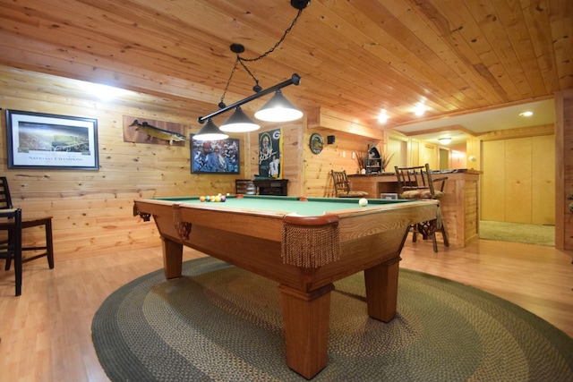 27625 Clear Sky Rd, Jackson Twp, WI 54893 - game room with wood walls, wood finished floors, wooden ceiling, a bar, and billiards