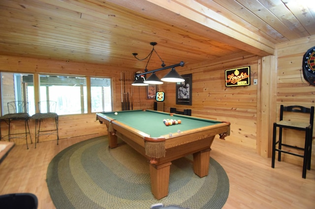 27625 Clear Sky Rd, Jackson Twp, WI 54893 - playroom with wooden ceiling, wooden walls, pool table, and light wood finished floors