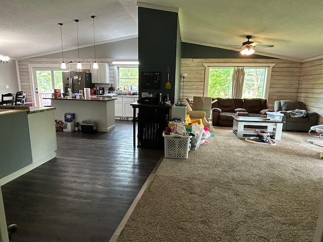 140 Northern Ave NW, Blackduck, MN 56630 - living room featuring lofted ceiling, plenty of natural light, ceiling fan, dark wood-type flooring, and wooden walls