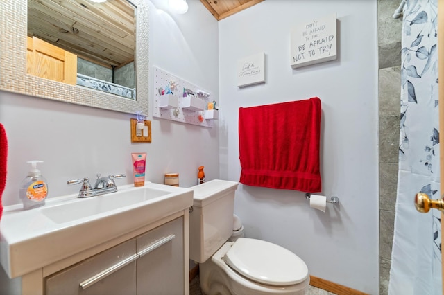 1609 Doddridge Ave, Cloquet, MN 55720 - bathroom featuring toilet, vanity, a shower with shower curtain, and wood ceiling