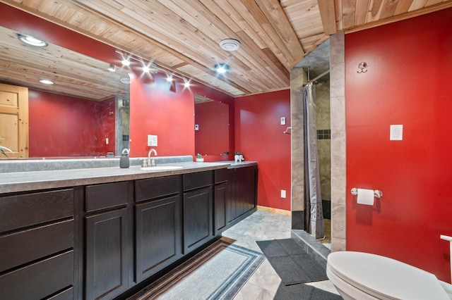 1609 Doddridge Ave, Cloquet, MN 55720 - full bathroom with wooden ceiling, toilet, a stall shower, double vanity, and recessed lighting