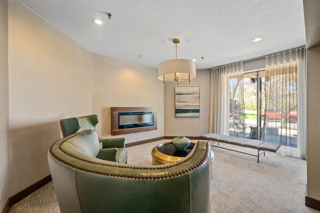 2885 Knox Ave S Unit 202, Minneapolis, MN 55408 - carpeted living room with a glass covered fireplace, baseboards, a textured ceiling, and recessed lighting