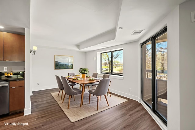 2885 Knox Ave S Unit 202, Minneapolis, MN 55408 - dining space featuring baseboards, dark wood-style floors, a tray ceiling, and recessed lighting