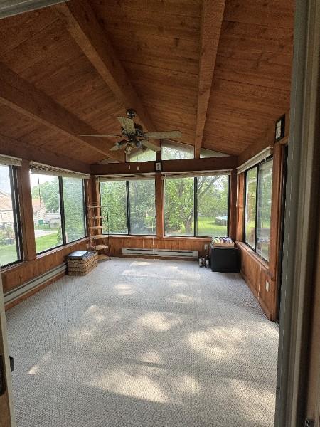 861 Lake Susan Dr, Chanhassen, MN 55317 - unfurnished sunroom featuring wood ceiling, carpet, ceiling fan, a baseboard radiator, and wooden walls