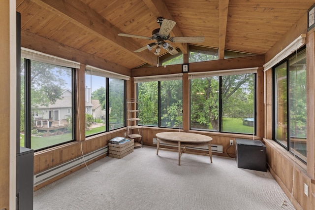 861 Lake Susan Dr, Chanhassen, MN 55317 - sunroom with a baseboard radiator, ceiling fan, carpet, wood ceiling, and wood walls